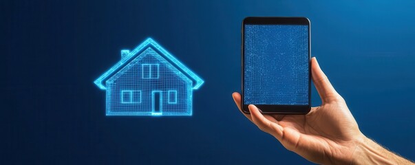 Aufkleber - A hand holds a smartphone, projecting a digital hologram of a house on a blue background, symbolizing smart home technology.