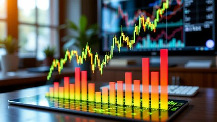Poster - A digital tablet displays vibrant bar and line graphs representing stock market data in a modern office setting.