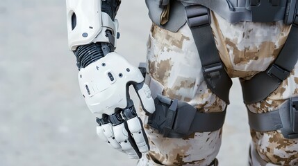 Fototapete - A robotic hand in a military exoskeleton suit, showcasing advanced technology and futuristic combat gear.