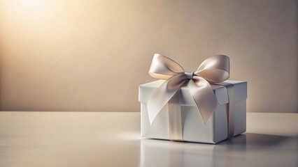 Poster - A delicately wrapped present, a pristine white gift box adorned with a luxurious champagne-colored satin ribbon, sits on a smooth surface bathed in soft, warm light.