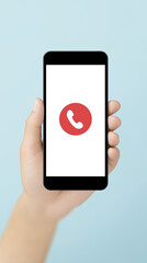 Fototapete - Smartphone mock up held in hand displaying a blank screen with a red phone icon, ideal for showcasing mobile applications or communication-related designs with copy space