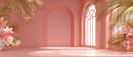 Poster - Empty 3D room with shadows of window flowers and palm leaves on a blurred pink gradient background suitable for product display or summer concert promotion