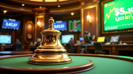 Poster - A shiny golden bell sits on a green table in an upscale trading room with digital stock charts in the background.