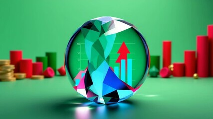 Poster - A faceted crystal ball with financial graphs inside, surrounded by colorful coins and bar charts on a green background.