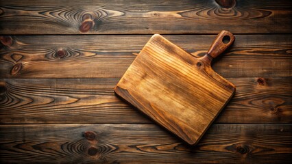 Poster - Rustic Wooden Cutting Board on Dark Brown Wooden Surface, Ideal for Culinary Photography or Food Blog Background