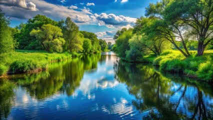 Poster - Serene River Reflecting Lush Green Foliage Under a Summer Sky