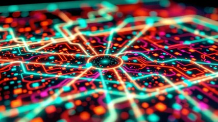 Poster - A vibrant, glowing network of interconnected neon lines and nodes forms a futuristic circuit board pattern.