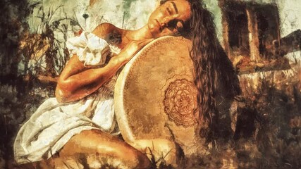 Poster - beautiful shamanic girl playing on shaman frame drum in the nature. Painting effect. Loop Animation.