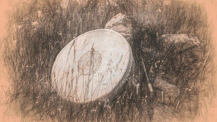Poster - shamanic drum in nature, shamanic drum made of deer goat. Loop Animation.