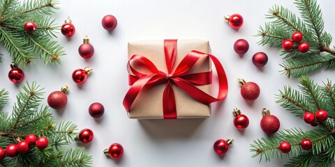 Poster - A Festive Gift Presentation with Evergreen Branches and Sparkling Ornaments