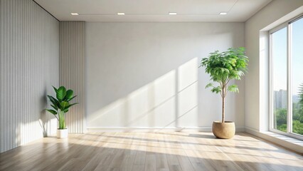 Aufkleber - Bright Sunlight Illuminates Empty Room with Light Wood Floor, White Walls, and Lush Green Plants in Simple Pots