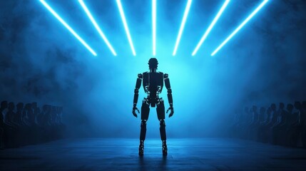 Poster - A humanoid robot stands illuminated by blue lights, facing an audience in a dramatic, futuristic setting.