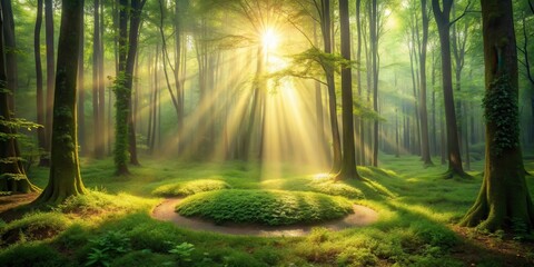 Poster - Golden sunbeams illuminate a mystical woodland path, creating an ethereal ambiance amidst the verdant canopy and mossy forest floor.