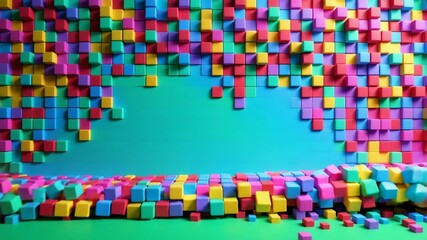 Poster - A vibrant wall of multicolored cubes creates a lively 3D geometric pattern with some blocks scattered on the green surface below.