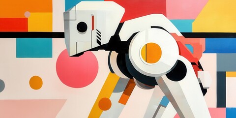 Poster - A geometric, colorful artwork featuring a robotic figure against a vibrant abstract background.