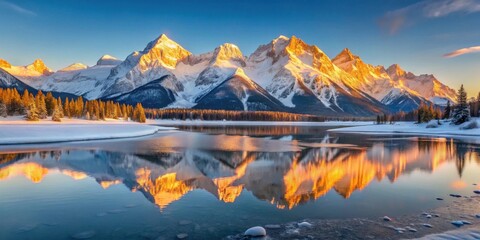 Aufkleber - Golden Sunrise Reflection on a Pristine Winter Lake, Surrounded by Majestic Snow-Capped Mountains