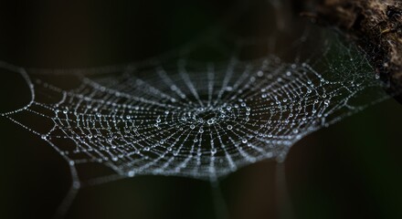 Dewdrops on a Spiderweb - Close-up of a spiderweb glistening with morning dew, intricate details visible