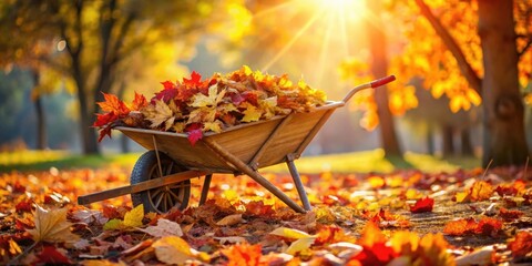 Aufkleber - Autumnal splendor A rustic wooden wheelbarrow filled with vibrant red and gold leaves rests amidst a carpet of fallen foliage, bathed in the warm glow of the setting sun.