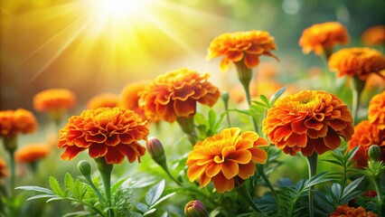 Poster - Vibrant orange marigolds bask in the warm sunlight of a summer garden, their petals unfurling in a breathtaking display of natural beauty.