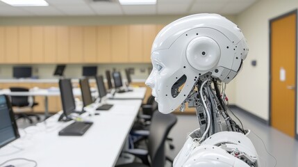 Aufkleber - A futuristic robot stands in a modern computer lab, highlighting the intersection of artificial intelligence and technology in education or research settings.