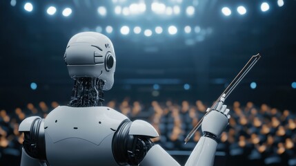 Poster - A humanoid robot conducts an orchestra on a brightly lit stage, blending technology with musical performance.