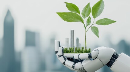 Poster - A robotic hand holds a miniature city with green plants, symbolizing sustainable technology and eco-friendly urban development.