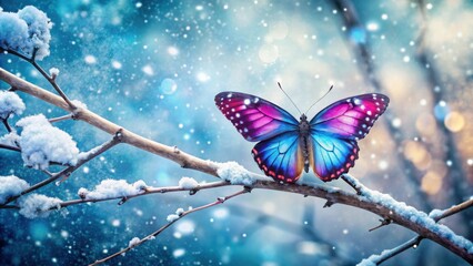 Poster - A Vibrant Butterfly Perched on a Snow-Covered Branch in a Dreamlike Winter Scene