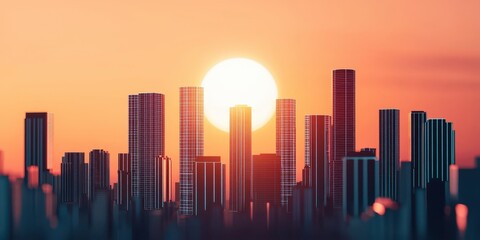 Poster - A modern city skyline with tall buildings silhouetted against a vibrant orange sunset.