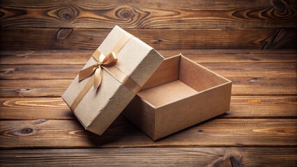 Poster - An open gift box with a golden ribbon on rustic wooden surface