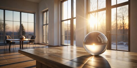 Aufkleber - Serene Sunset Reflected in Crystal Sphere on Wooden Table in Sunlit Room