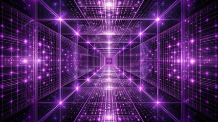 Poster - A Glowing Purple Corridor of Interconnected Grids and Luminous Points in a Digital Space