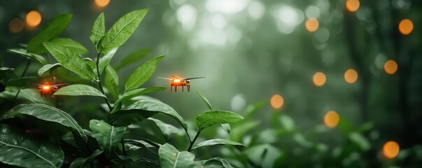 Poster - A small drone with orange lights hovers near green leaves in a misty forest with glowing orbs in the background.