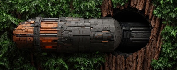 Poster - A futuristic metallic object emerges from a tree trunk surrounded by lush green foliage, blending nature with advanced technology.
