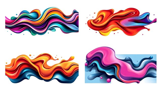 Set of 4 abstract modern graphic liquid elements. Dynamical waves vivid colors fluid forms. Isolated banners with flowing liquid shapes. Template for the design of a logo, flyer or presentation.