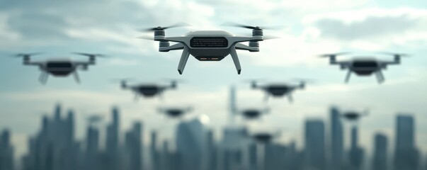 Poster - A fleet of drones flies over a city skyline, showcasing advanced aerial technology in an urban environment.