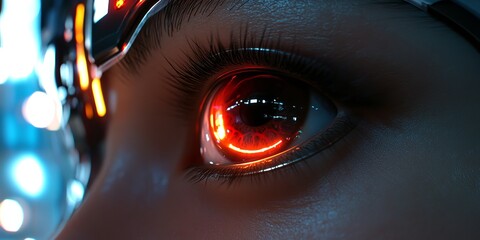 Aufkleber - A close-up view of a futuristic eye with a glowing red circular design. This image captures the essence of technology and humanity merging. Ideal for sci-fi and tech themes. AI