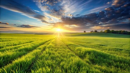 Poster - serene sunset over rolling green fields, bathed in golden light, a tranquil pastoral scene