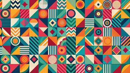 Leinwandbilder - Vibrant Geometric Tile Pattern A Colorful Abstract Composition of Shapes and Lines Ideal for Backgrounds and Designs