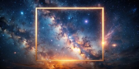 Poster - Celestial Canvas A Glowing Golden Frame Encompasses a Breathtaking Nebula of Vivid Hues and Sparkling Stars, a Cosmic Masterpiece