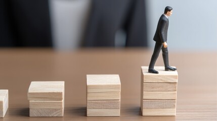 Poster - Miniature man standing on blocks symbolizing growth and progression in personal development and risk management strategies