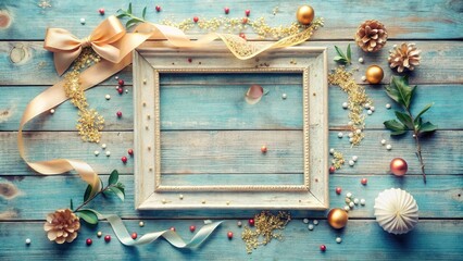 Poster - Elegant Festive Frame with Ornate Decorations and Ribbons on Rustic Wooden Background