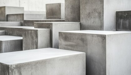 Poster - Abstract composition of concrete blocks in varying sizes and shapes. Monochromatic palette with textures and shadows. Architectural detail focused on geometric forms and patterns.