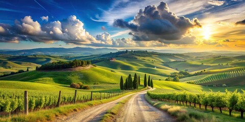 Aufkleber - Serene Sunset Over Rolling Hills and Vineyards, a Picturesque Countryside Road Winding Through Lush Green Landscape