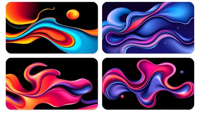 Set of 4 abstract modern graphic liquid elements. Dynamical waves vivid colors fluid forms. Isolated banners with flowing liquid shapes. Template for the design of a logo, flyer or presentation.