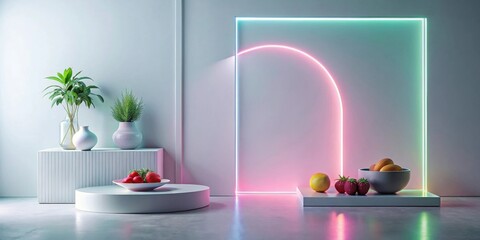 Leinwandbilder - Modern minimalist room interior design with vibrant neon light accents and fresh fruit