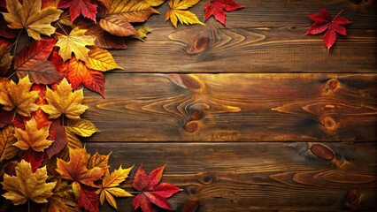 Poster - Autumnal Leaves Arranged on Rustic Wooden Surface, a Seasonal Design Element