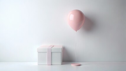 Poster - A Light Pink Balloon Floats Near a Gift Box on a White Surface