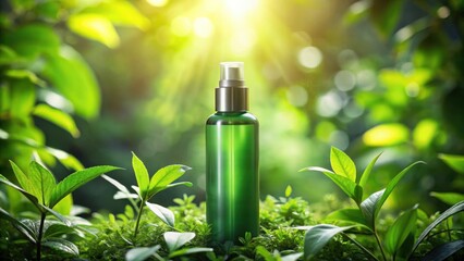 Aufkleber - A Refreshing Botanical Spray Bottle Amidst Lush Greenery Under Sunlight