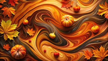 Poster - Autumnal Swirls A Harvest Celebration of Gourds and Maple Leaves on a Vibrant Abstract Background