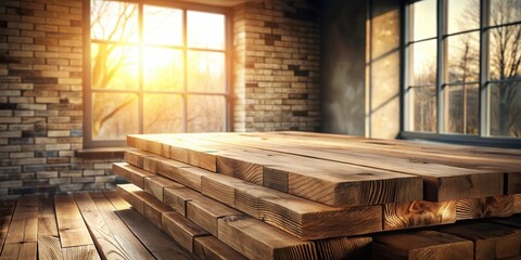Poster - Rustic Wooden Tabletop Display Against a Brick Wall with Sunlight Streaming Through Windows